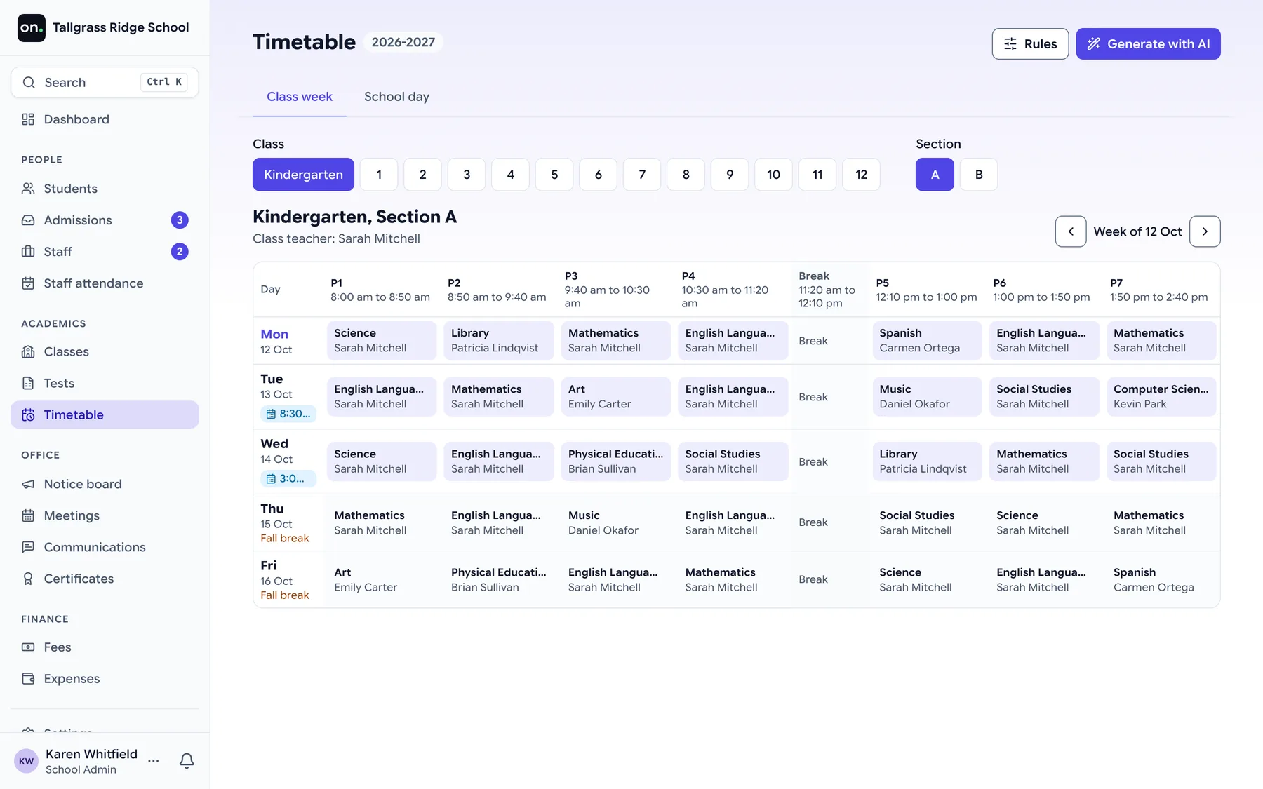 The school timetable: a week for one class, each period's subject and teacher in its cell, with a Generate with AI button and the rules the proposal must meet.